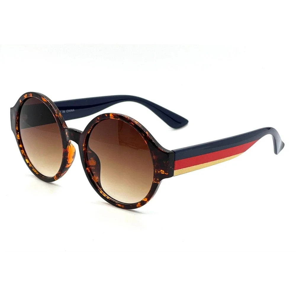 Round Tortoise Sunglasses Women's Fashion Shades Striped Accent Luxury Light New
